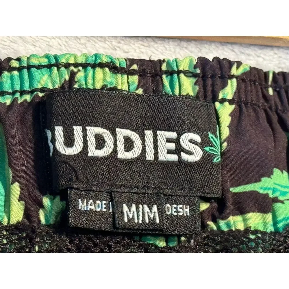 Buddies Marijuana Pot Cannabis Leaf Swim Shorts Trunks Board Green 420 Weed EUC